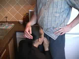 Slutty milf in business clothes boned in kitchen